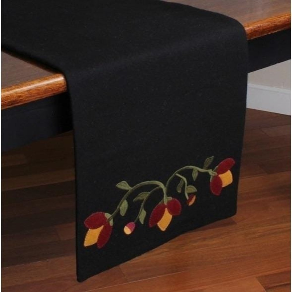 Primitive Floral Border Table Runner Wool‎ Felt Black Red Flowers 14"x36" New
